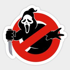 a sticker with a cartoon character holding a knife in front of a no entry sign