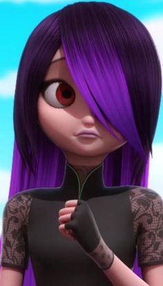 an animated girl with purple hair and big eyes holding her hand up to her chest