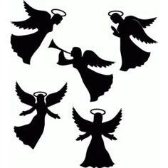 four angel silhouettes are shown in black and white, each with a trumpet on it