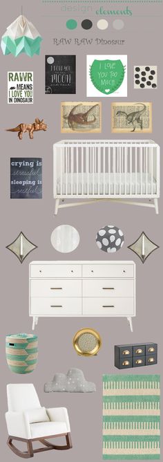 a baby's nursery room with green and white accents, including a crib, dresser