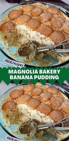 two plates with food on them and the words magnolia bakery banana pudding in green lettering