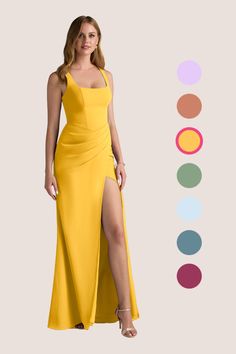 a woman in a yellow dress with her legs crossed and the color chart behind her