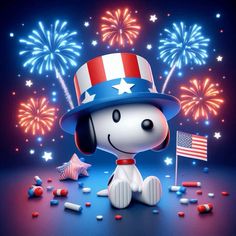 a cartoon dog wearing a patriotic hat with fireworks in the background