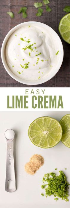 the ingredients for lime cream are shown in this collage, and there is an image of