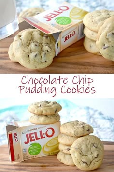 chocolate chip pudding cookies are stacked on top of each other with a carton of jello in the background