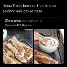 some food that is on a plate with cinnamon rolls and dippers in it,