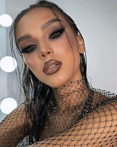 Edgy Smokey Eye, Dark Lips Makeup Look, Dark Hair Dark Eyes Makeup, Dark Faerie Makeup, Full Glam Smokey Eye, Wet Hair Makeup, Sultry Makeup Looks Brown Eyes, Dark Eye Makeup Looks, Wet Eyeshadow Look