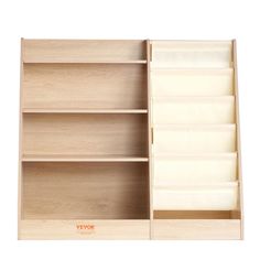 an open wooden shelf with several compartments