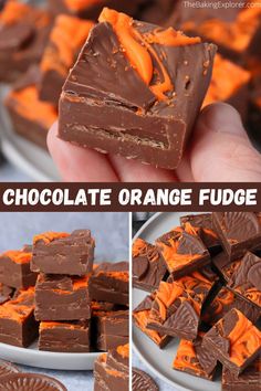 chocolate orange fudge bars on a white plate and in the background, there is a hand holding one