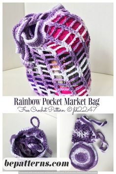 the crocheted bag is purple and white