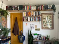 a bookshelf filled with lots of books next to a door and potted plants