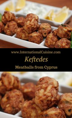 meatballs from cyprus are served in small white dishes with lemon wedges on the side