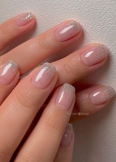 glitter nails: simple ombre Jelly Nails With Glitter Tip, Bridesmaid Nails Sparkle, Glitter Ombre Manicure, Short Gel Nails Elegant, Ombre Glitter French Nails, Short Glitter Nail Ideas, Sparkle Ombre Nails Square, Ombre Glitter Nails Short