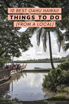 people are standing on the dock with boats in the water and trees around them,