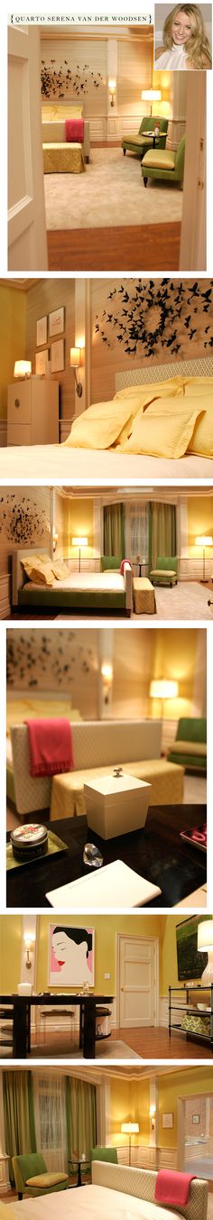 four different shots of a bedroom with bed and desk