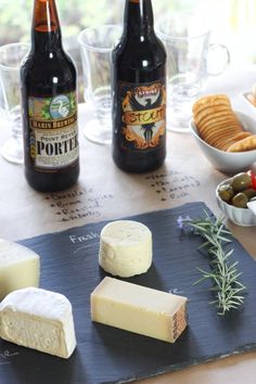 beer and cheese tasting party on a table