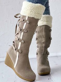 DETAILS Fuzzy Tassel Wedge Calf Boots Round toe Purple Details, Boots Patterns, Chic Type, Lace Up Wedges, Backless Mini Dress, Round Toe Heels, Calf Boots, Wedge Boots, Brown Beige