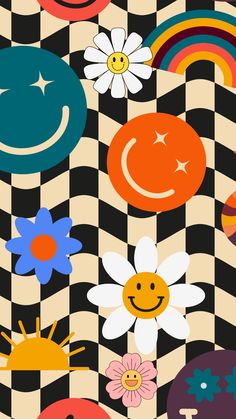 an abstract pattern with flowers and smiley faces on black and white checkerboard background