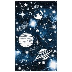 an area rug with stars, planets and saturns in the night sky on it