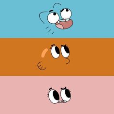 three different colored cartoon faces with eyes