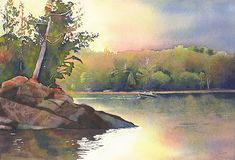 a watercolor painting of a lake with rocks and trees