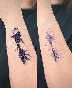 two tattoos with different designs on their arms and legs, one is blue and the other has purple feathers