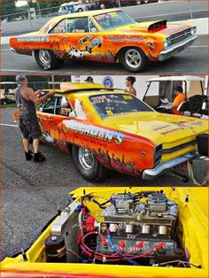 an orange and yellow car with flames painted on it's hood, next to two pictures of people working on the engine