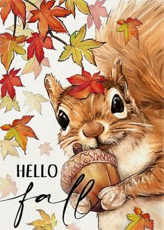 a painting of a squirrel holding an acorn in its paws with the words hello fall on it