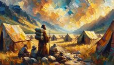 an oil painting of a man standing in front of some tents with mountains in the background