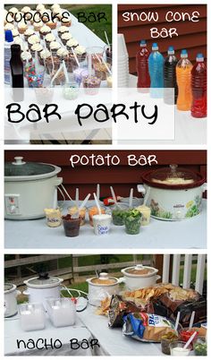 a collage of photos showing different types of food and drinks on a table with the words, bar party potato bar