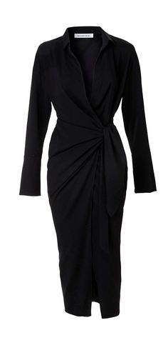 Chic Long Sleeve Wrap Dress For Evening, Elegant Long Sleeve Wrap Dress For Night Out, Black Long Sleeve Midi Dress With Draped Sleeves, Elegant Knee-length Wrap Dress For Cocktail, Elegant Knee-length Cocktail Wrap Dress, Chic Fitted Wrap Dress For Office, Chic Fall Midi Dress With Draped Sleeves, Formal Fall Dress With Draped Sleeves, Chic Midi Dress With Tie Fastening