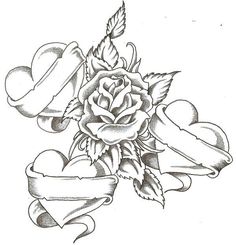 a rose and hearts tattoo design with ribbon on the side by hand drawn pencils