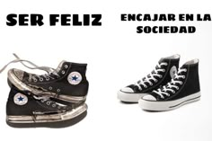 two black and white shoes with the words ser feliz encaar en la soccedad