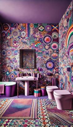 a bathroom with colorful walls and rugs on the floor