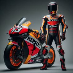 a man standing next to a red and orange motorcycle on top of a gray background