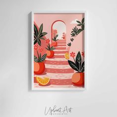 an art print with oranges and plants in the background, on a white wall