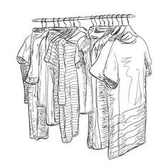 sketched clothes hanging on a rack with shirts and pants hand drawn illustration isolated on white background