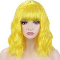 Color: Yellow. May be slight difference due to the lighting,camera angles or computer/cell phone monitors. Weight: 230g( 20g)/set; Length: 35cm/14"(5cm/2"). About 22.5 Inches with Adjustable Straps, 2 adjustable straps could help you adjust the wig cap size less or more for about 1-1.5 inches. Can be restyled, made from heat resistant synthetic fiber, you can curl or iron this wig, please keep the heat setting below 150c. What you will get:1*wig, 1* wig cap. Short Curly Bob Wig, Curly Bob Wig, Bangs Wavy, Bangs Wavy Hair, Bob Wig With Bangs, Wigs Short, Camera Angles, Curly Bob Wigs, Short Curly Bob