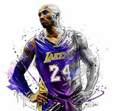 a painting of a basketball player with his hands on his hips and wearing a purple uniform