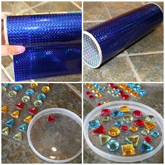 four pictures showing how to make a bead sprinkle container with beads in it