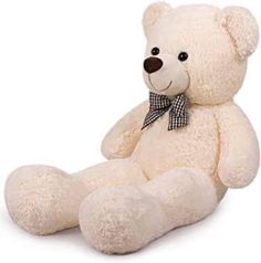 a white teddy bear with a bow on its neck sitting in front of a white background