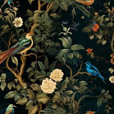 a painting of birds and flowers on a dark background