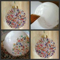 four pictures of different ornaments hanging on a wooden table with white balls and colored sprinkles