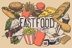 an image of fast food with the words fast food written in large letters on it