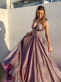 Pink Shimmer Dress Long, Disco Prom Dress, Pink Prom Dress Ideas, Pretty Prom Dresses Long, Prom Pink Dress, Prom Dresses Shiny, Prom Dresses With Long Sleeves, V Neck Prom Dress, Princess Prom Dress