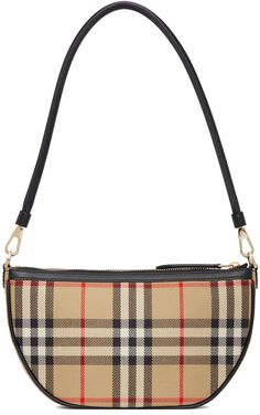 Cotton canvas shoulder bag featuring signature check pattern in beige, black, white, and red. Detachable buffed calfskin shoulder strap in black with lobster clasp fastening. Zip closure. Embossed logo and patch pockets at interior. Twill lining in black. Gold-tone hardware. Approx. 8 length x 4.5 height x 1.75 width. Supplier color: Archive beige Burberry Coin Purse, Burberry Black Purse, Burberry Clothing, Burberry Purse, Burberry Outfit, Barrel Bag, Vintage Burberry, Canvas Shoulder Bag, Check Pattern