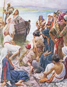 a painting of jesus and his people on the shore with a boat in the background