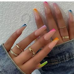 Nail Designs Summer Acrylic Coffin Long, Colourful French Tip Nails Coffin, Coffin Shape Summer Nails, Bright Neon Acrylic Nails Summer, Nails And Rings, Olive Nails, Long Acrylic Nails Coffin