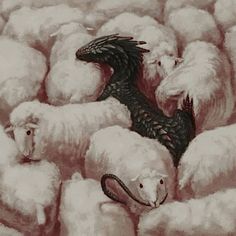 a painting of sheep with a dragon in the middle surrounded by smaller ones, all looking at each other