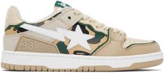 Low-top grained leather sneakers in beige and green. Logo graphic camouflage pattern throughout. · Perforated detailing at toe · Lace-up closure · Logo patch at padded tongue · Padded collar · Graphic appliqué at sides · Logo embroidered at heel tab · Rubberized trim at outer side · Mesh lining · Treaded rubber sole Supplier color: Beige